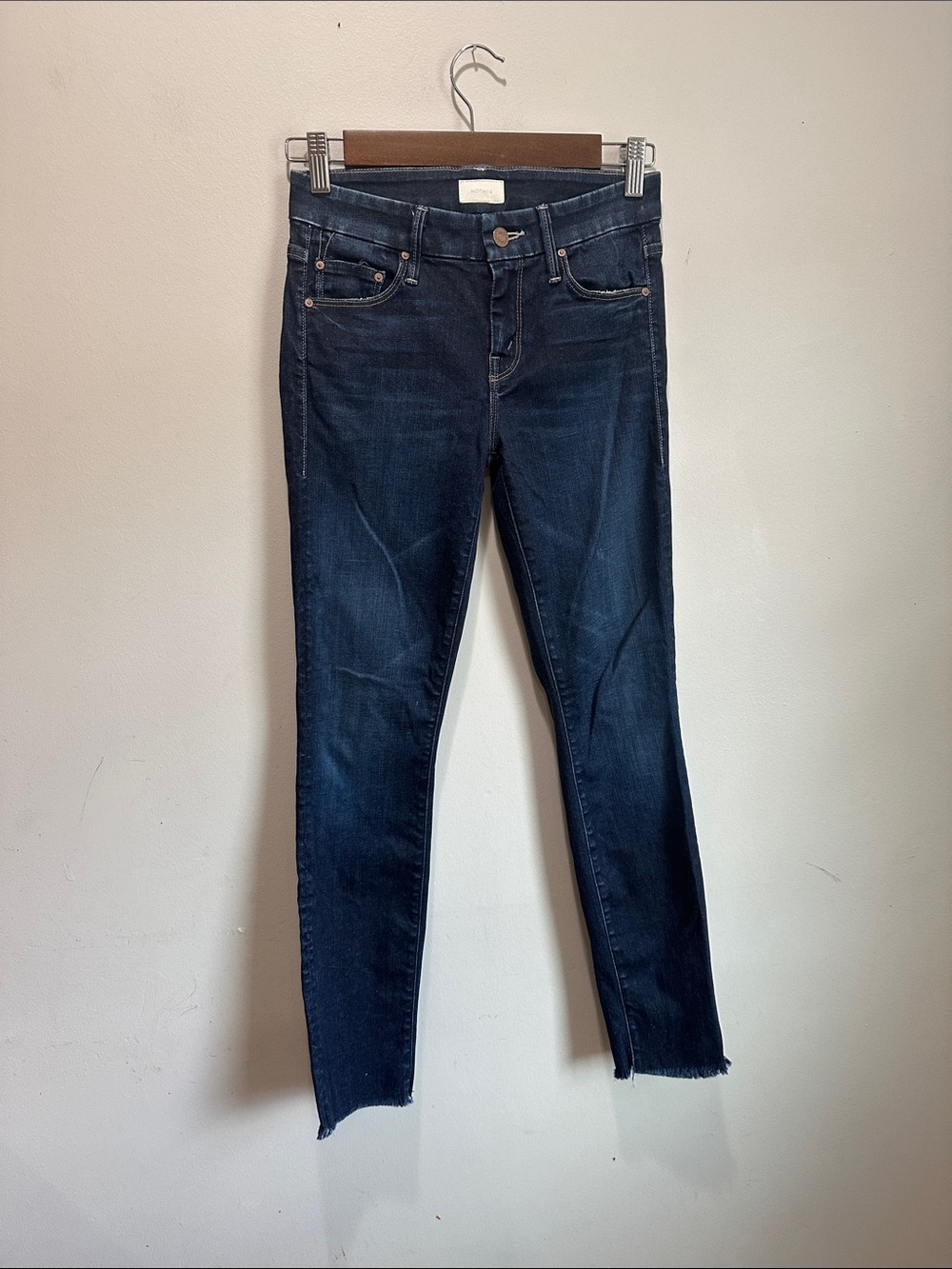 MOTHER Dark Indigo Skinny Jeans with Raw Hem